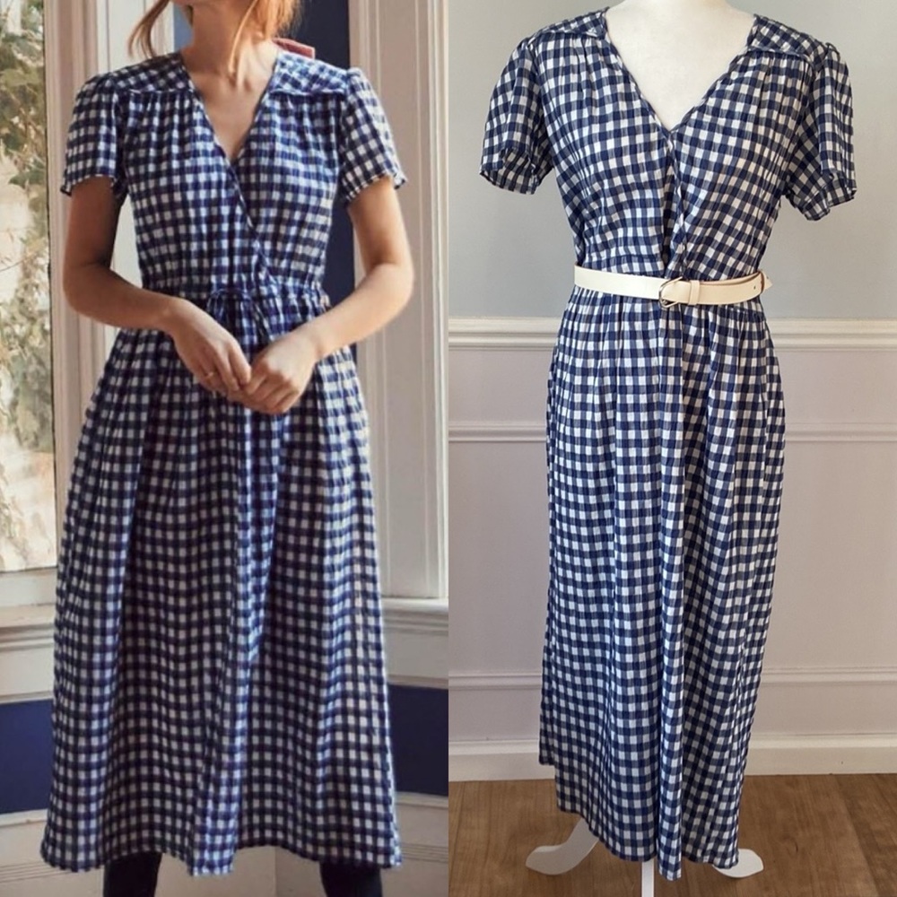 Christy Dawn Midnight Plan Short Sleeve Midi Dress in Blue Gingham Sz Large